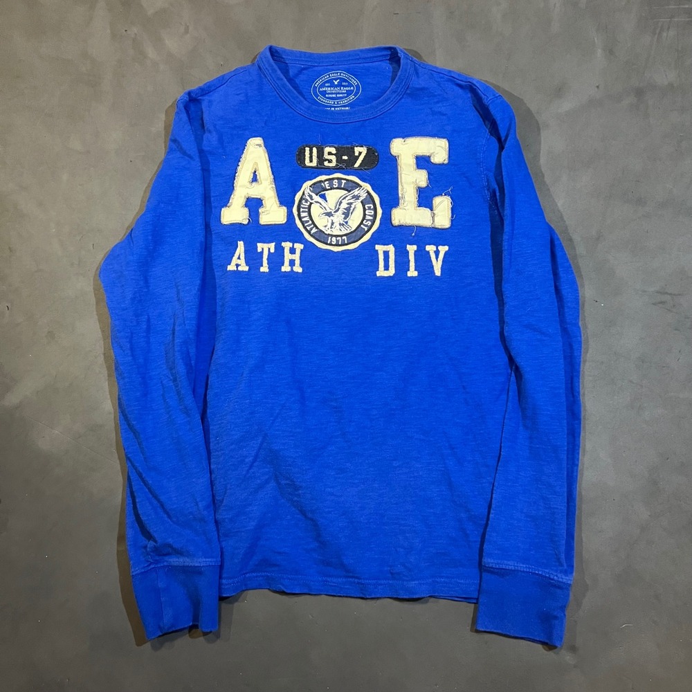 Y2K American Eagle Mens Long Sleeve Distressed T-Shirt Blue‎ Athletic Fit Medium